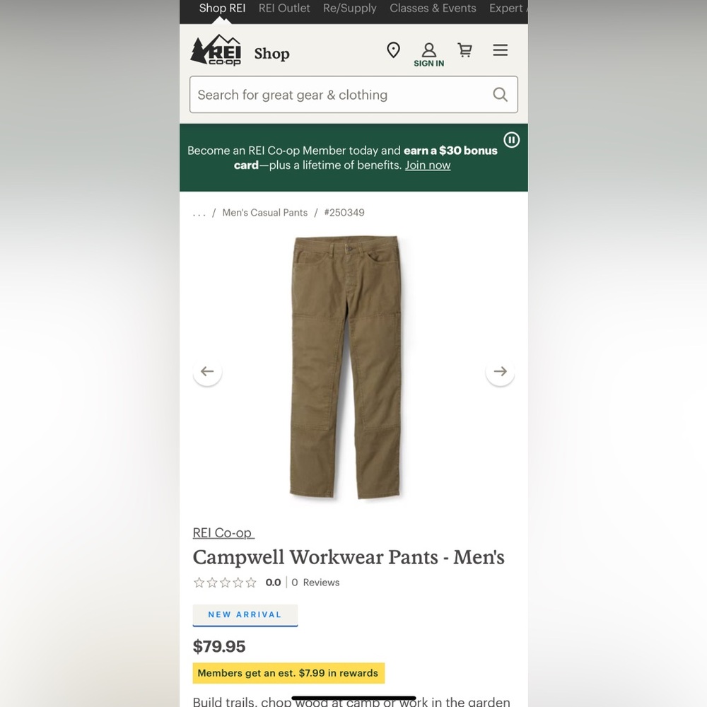 REI Men's Trailsmith Pant in Walrus Brown 38x30 NWT - Picture 5 of 12
